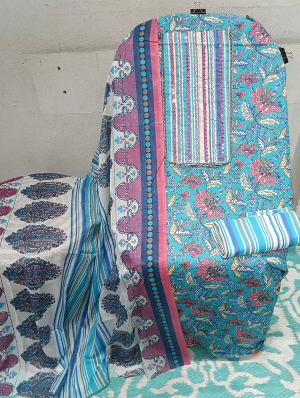 UNSTITCHED NECK EMBROIDERED COTTON SUIT WITH COTTON DUPATTA