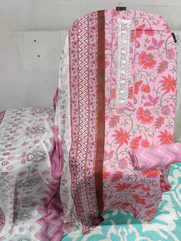 UNSTITCHED NECK EMBROIDERED COTTON SUIT WITH COTTON DUPATTA