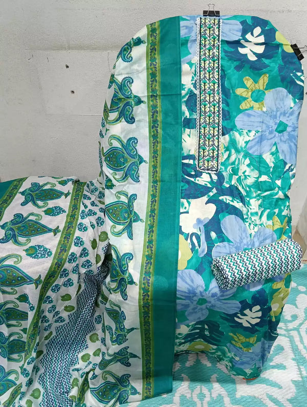 UNSTITCHED NECK EMBROIDERED COTTON SUIT WITH COTTON DUPATTA
