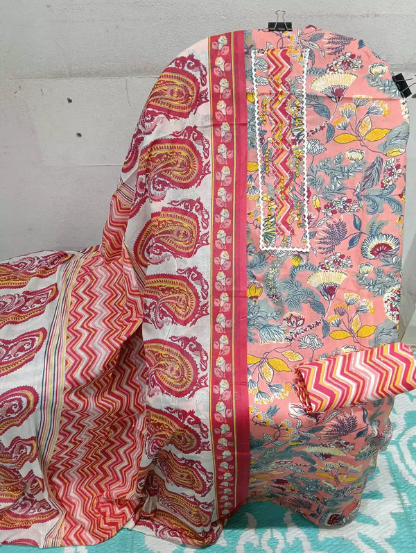 UNSTITCHED NECK EMBROIDERED COTTON SUIT WITH COTTON DUPATTA
