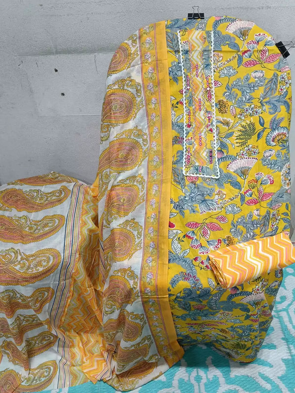 UNSTITCHED NECK EMBROIDERED COTTON SUIT WITH COTTON DUPATTA