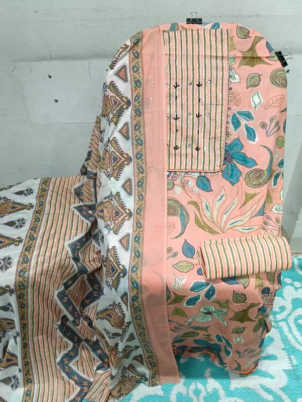 UNSTITCHED NECK EMBROIDERED COTTON SUIT WITH COTTON DUPATTA