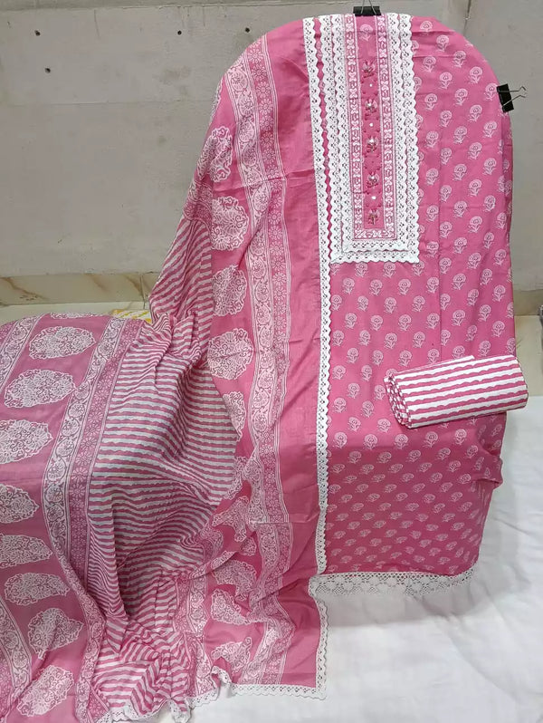 Crochet Lace 4  Sided Dupatta With Neck Embroidered Top, Daman Crochet & Cotton Bottom