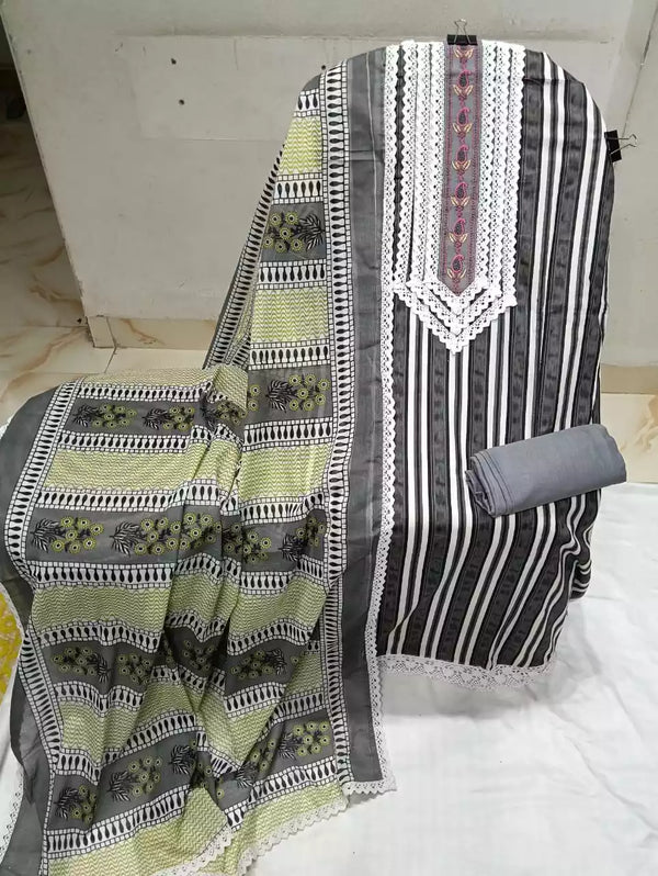 Crochet Lace 4  Sided Dupatta With Neck Embroidered Top, Daman Crochet & Cotton Bottom