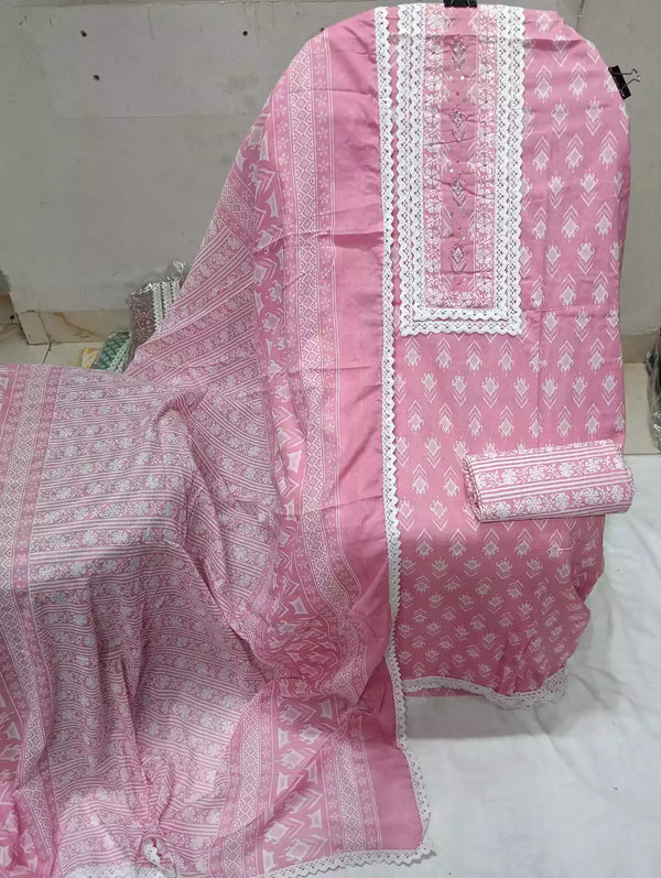 Crochet Lace 4  Sided Dupatta With Neck Embroidered Top, Daman Crochet & Cotton Bottom