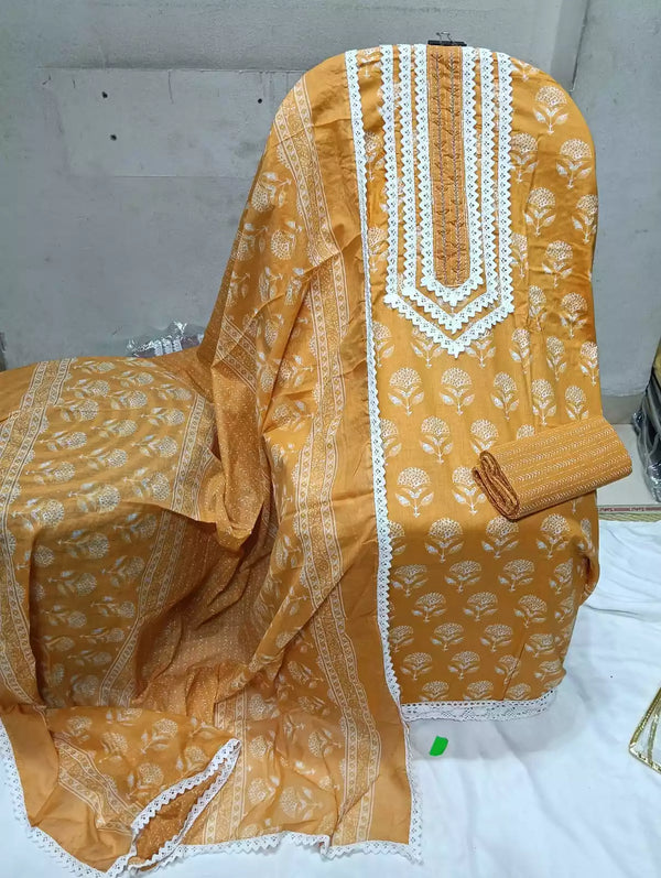 Crochet Lace 4  Sided Dupatta With Neck Embroidered Top, Daman Crochet & Cotton Bottom