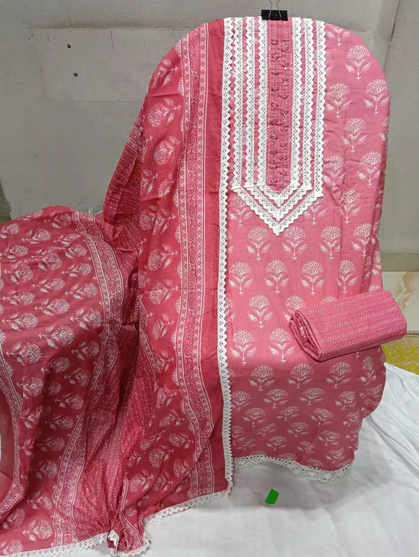 Crochet Lace 4  Sided Dupatta With Neck Embroidered Top, Daman Crochet & Cotton Bottom