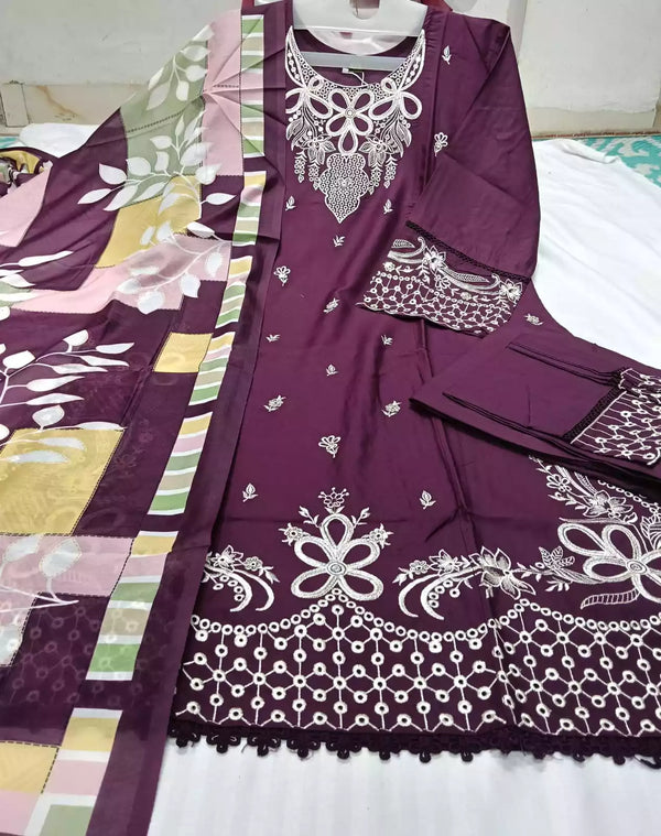 Readymade Rayon Karachi Embroidered Suit Part Wear With Comfortable Pant, Maslin Dupatta