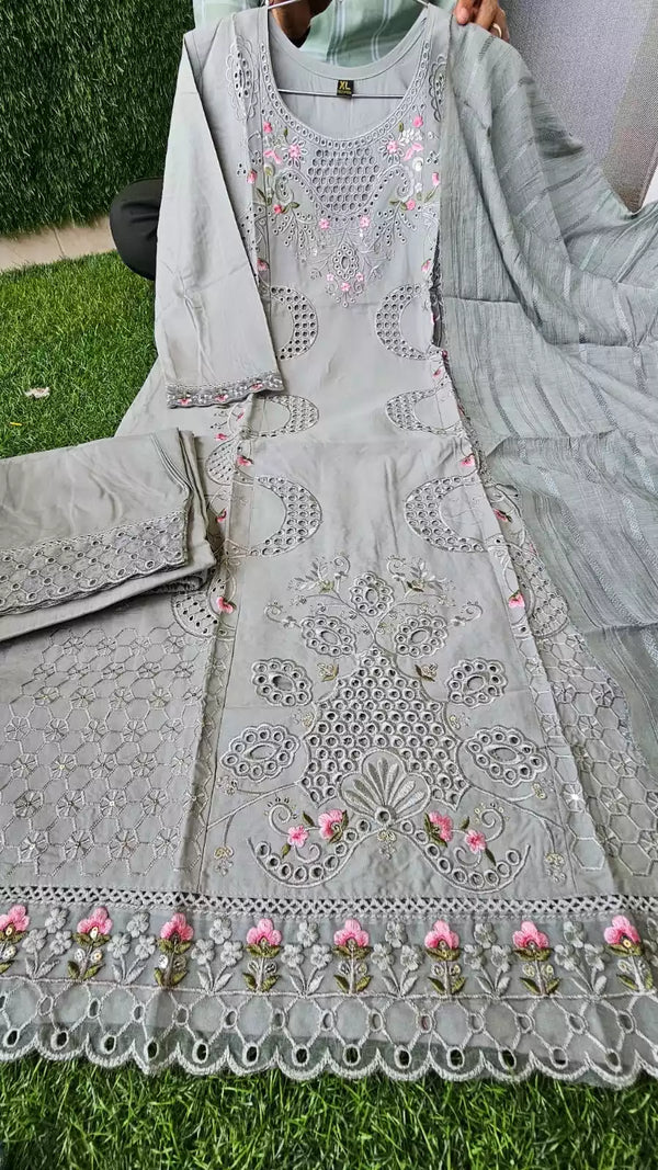 Readymade Rayon Karachi Embroidered Suit Part Wear With Comfortable Pant, Maslin Dupatta
