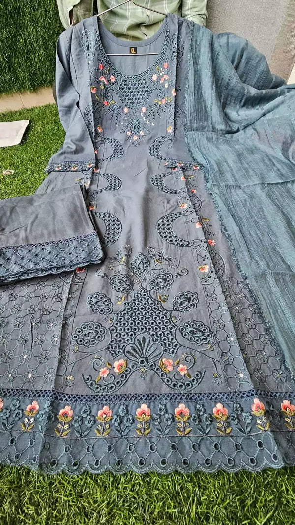 Readymade Rayon Karachi Embroidered Suit Part Wear With Comfortable Pant, Maslin Dupatta