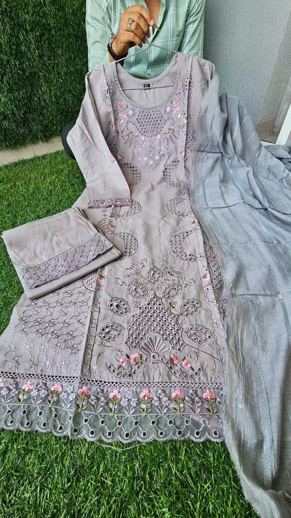 Readymade Rayon Karachi Embroidered Suit Part Wear With Comfortable Pant, Maslin Dupatta