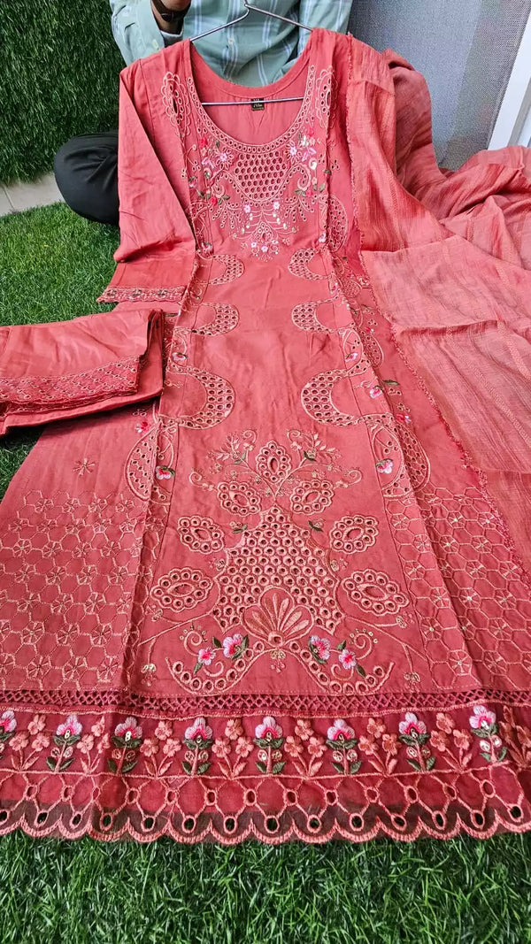 Readymade Rayon Karachi Embroidered Suit Part Wear With Comfortable Pant, Maslin Dupatta
