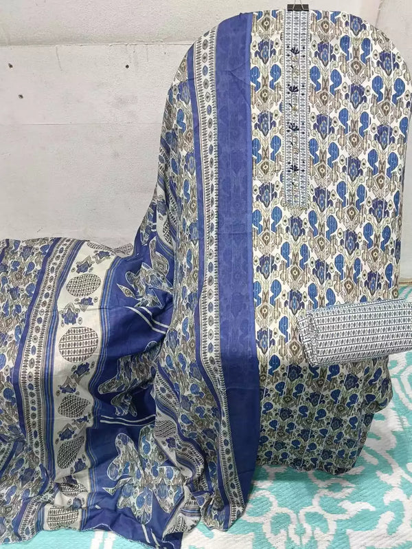Unstitched Cotton Neck Tie Embroidered Material With Cotton Pant & Cotton Dupatta
