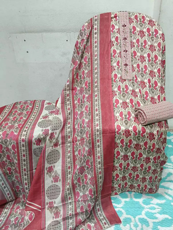 Unstitched Cotton Neck Tie Embroidered Material With Cotton Pant & Cotton Dupatta