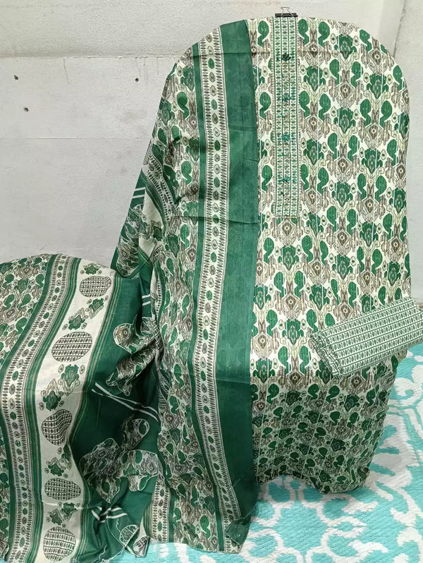 Unstitched Cotton Neck Tie Embroidered Material With Cotton Pant & Cotton Dupatta