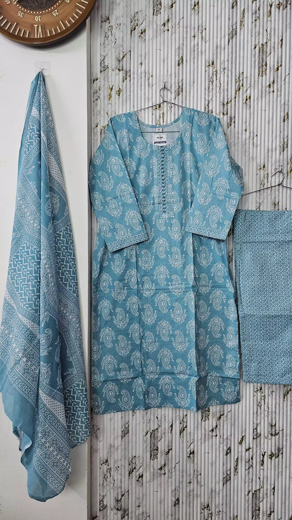 Readymade Block Print Cotton Suit With Cotton Dupatta