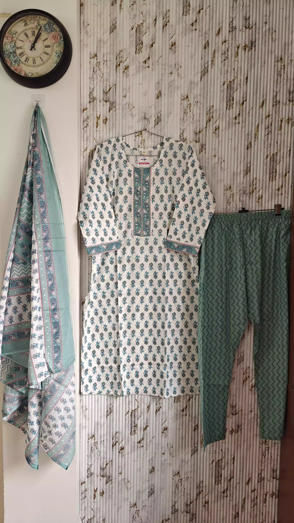 Readymade Block Print Cotton Suit With Cotton Dupatta