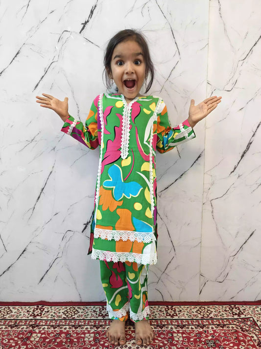 Girls Kids Karachi Lace Rayon Kurta Pant Straight Cut Cord-Sets