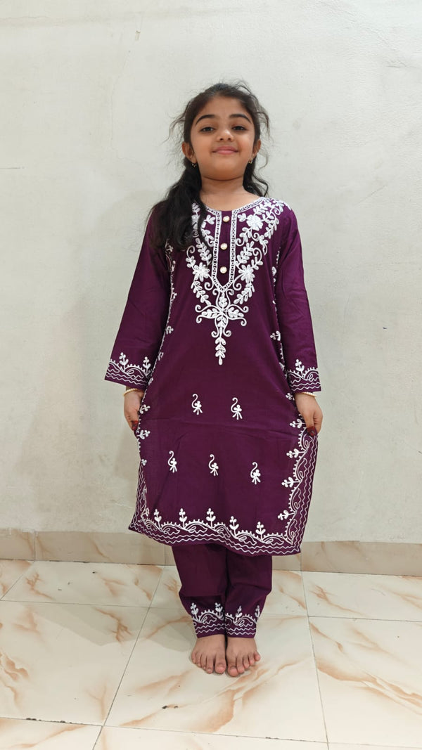 Lucknowi Work Girls Straight Cut Cord Set Kurta Pant