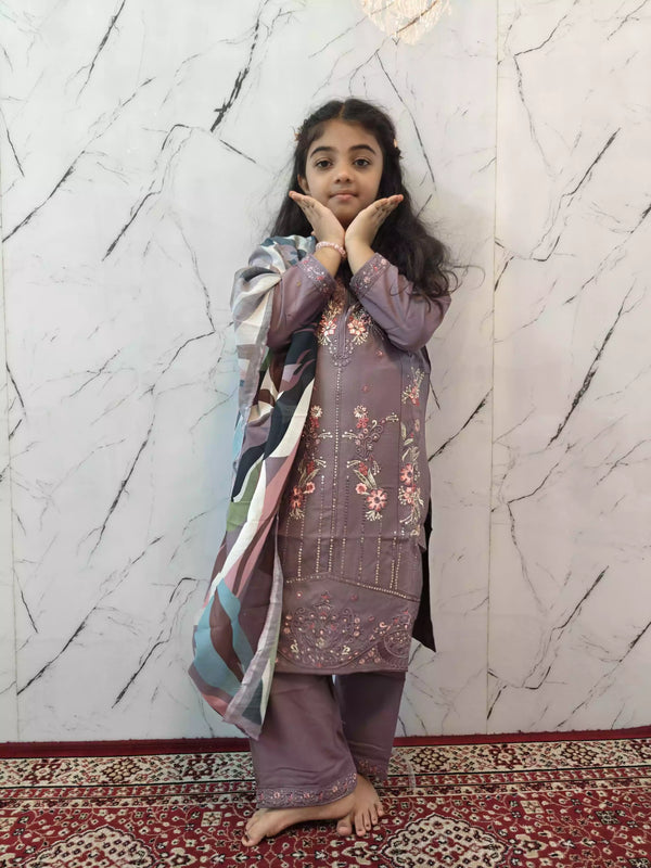 Kids Rayon Soft Fabric Karachi Embroidered Kurta Pant With Dupatta