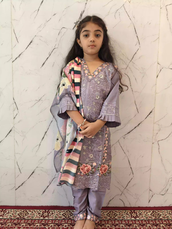 Kids Rayon Soft Fabric Karachi Embroidered Kurta Pant With Dupatta