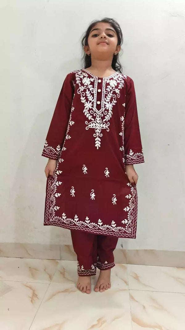 Lucknowi Work Girls Straight Cut Cord Set Kurta Pant