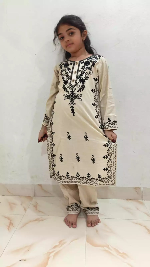 Lucknowi Work Girls Straight Cut Cord Set Kurta Pant