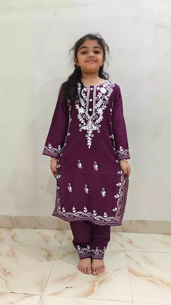 Lucknowi Work Girls Straight Cut Cord Set Kurta Pant