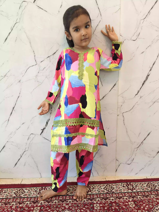 Girls Kids Karachi Lace Rayon Kurta Pant Straight Cut Cord-Sets