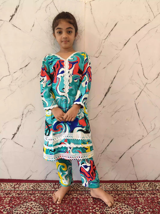 Girls Kids Karachi Lace Rayon Kurta Pant Straight Cut Cord-Sets
