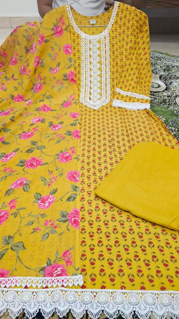 Readymade Block Print Cotton Suit With Cotton Dupatta