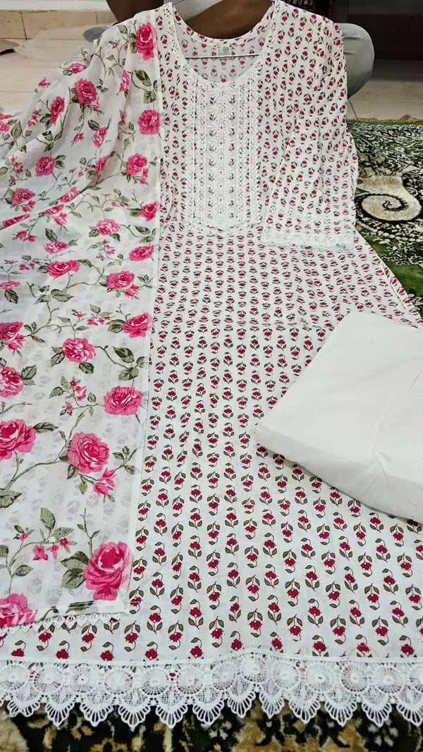 Readymade Block Print Cotton Suit With Cotton Dupatta