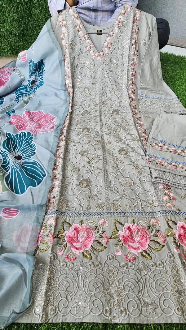 Readymade Rayon Karachi Embroidered Suit Part Wear With Comfortable Pant, Maslin Digital Print Dupatta