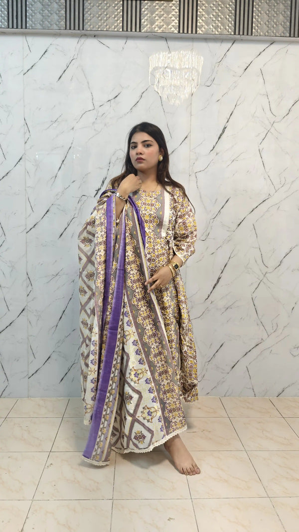 Gown With Kali In Premium Cotton Fabric, Cotton Pant, Mal Cotton Print Dupatta