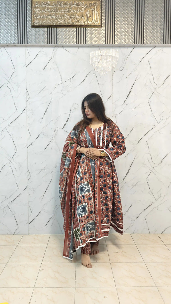 Gown With Kali In Premium Cotton Fabric, Cotton Pant, Mal Cotton Print Dupatta