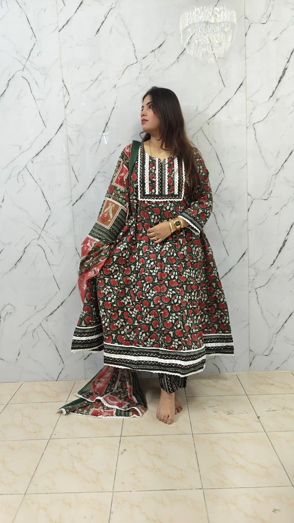 Gown With Kali In Premium Cotton Fabric, Cotton Pant, Mal Cotton Print Dupatta