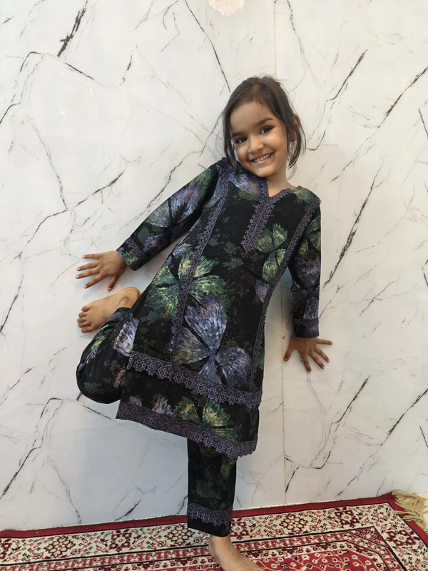 Girls Kids Karachi Lace Rayon Kurta Pant Straight Cut Cord-Sets
