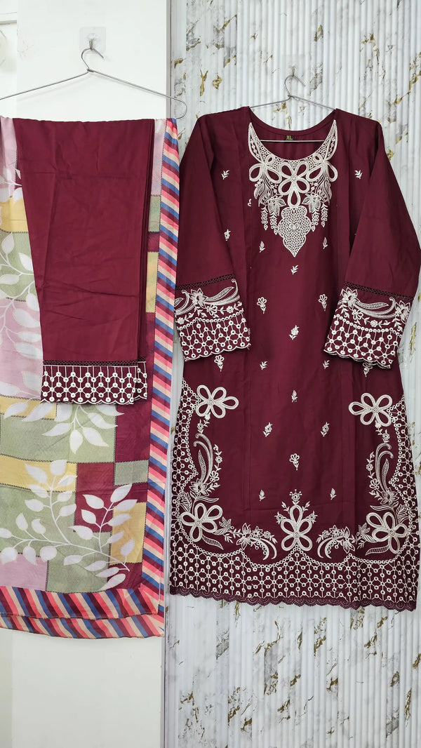 Readymade Rayon Karachi Embroidered Suit Part Wear With Comfortable Pant, Maslin Digital Print Dupatta