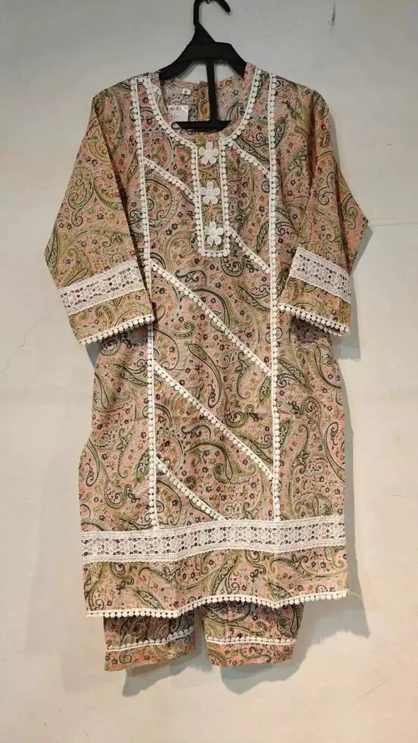 Girls Kids Karachi Lace Rayon Kurta Pant Straight Cut Cord-Sets