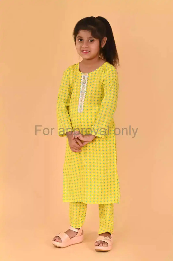 Kids Girls Cotton Soft Printed Cord-sets with Neck Turkish Lace Embroidery
