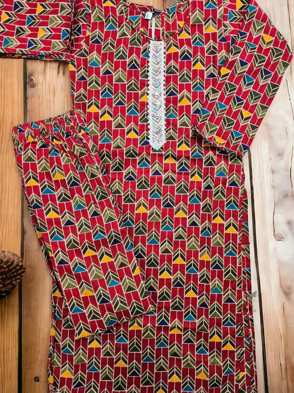 Kids Girls Cotton Soft Printed Cord-sets with Neck Turkish Lace Embroidery
