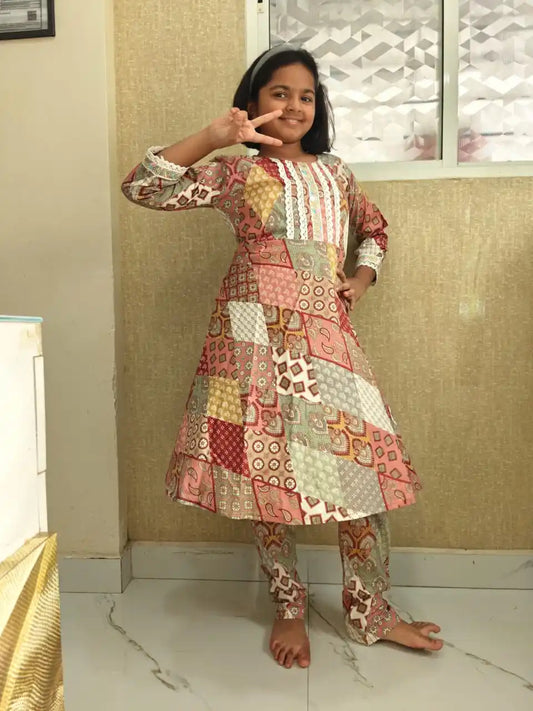 Girls A-line pattern, Neck Crochet Lace & Cotton Pant