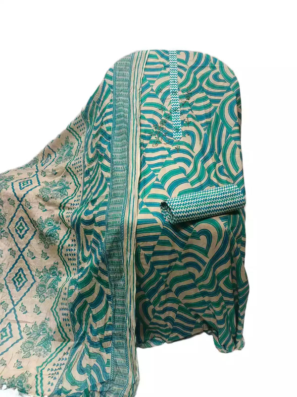 Unstitched Cotton Neck Tie Embroidered Material With Cotton Pant & Cotton Dupatta