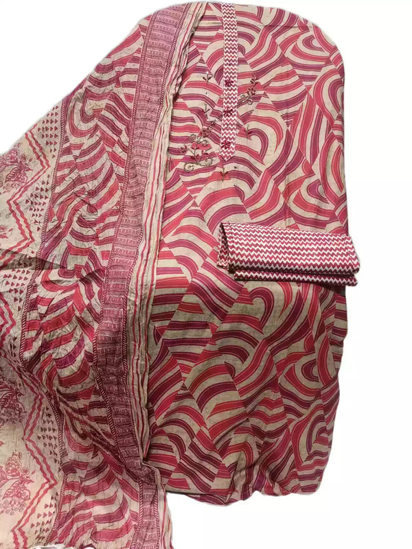 Unstitched Cotton Neck Tie Embroidered Material With Cotton Pant & Cotton Dupatta