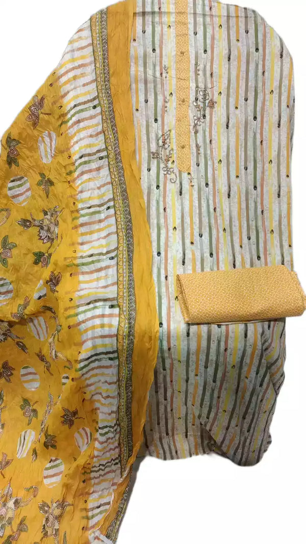 Unstitched Cotton Neck Tie Embroidered Material With Cotton Pant & Cotton Dupatta