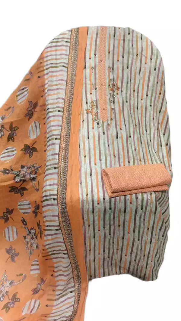 Unstitched Cotton Neck Tie Embroidered Material With Cotton Pant & Cotton Dupatta