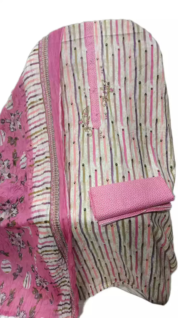 Unstitched Cotton Neck Tie Embroidered Material With Cotton Pant & Cotton Dupatta