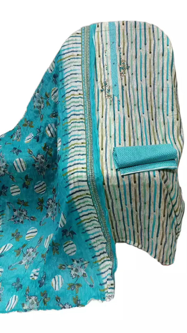 Unstitched Cotton Neck Tie Embroidered Material With Cotton Pant & Cotton Dupatta