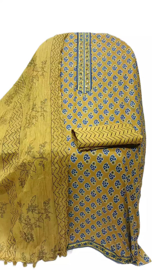 Unstitched Cotton Neck Tie Embroidered Material With Cotton Pant & Cotton Dupatta