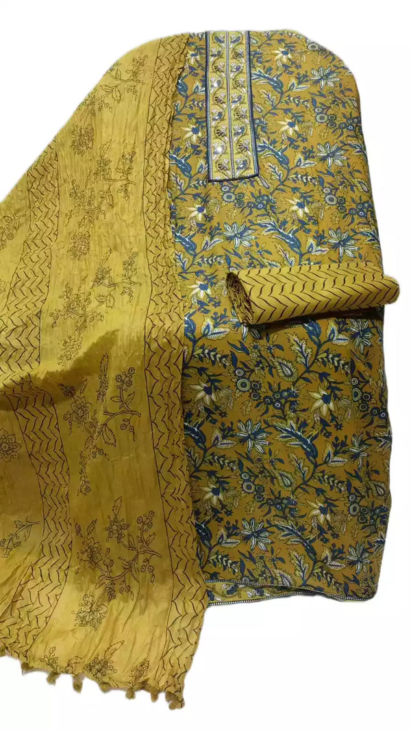 Unstitched Cotton Neck Tie Embroidered Material With Cotton Pant & Cotton Dupatta